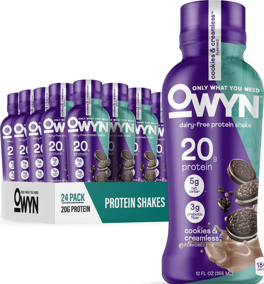 OWYN dairy-free protein shake bottle and 12-pack canisters, cookies & creamless flavor