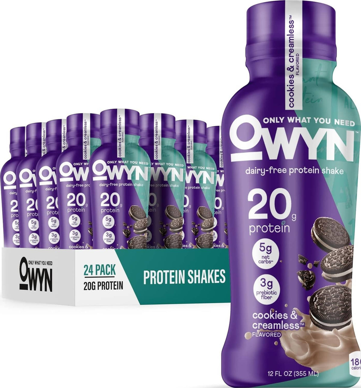 OWYN dairy-free protein shake bottle and 12-pack canisters, cookies & creamless flavor