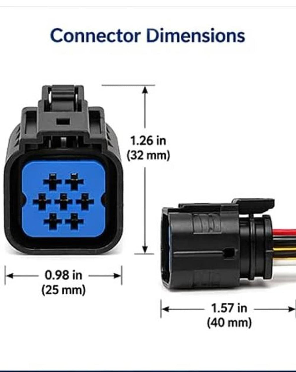 7-pin headlight connector pigtail dimensions view of blue socket and wire leads