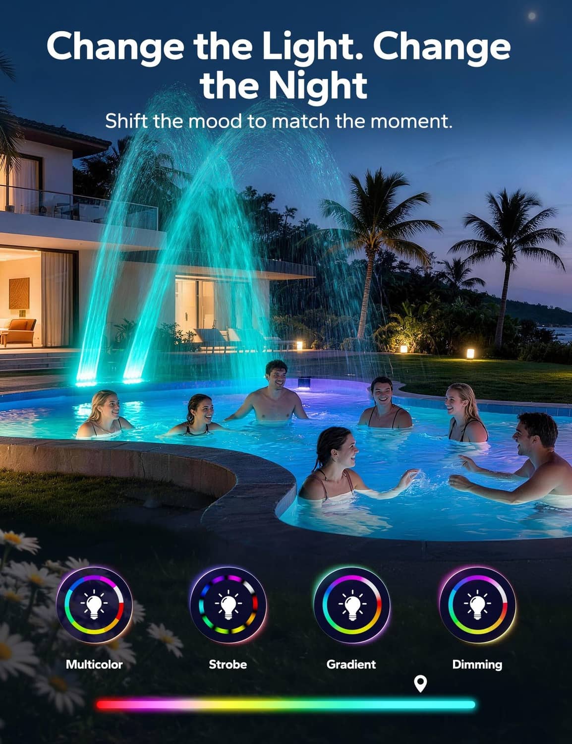 Solar pool fountain with multi-color LED lights over pool water in use