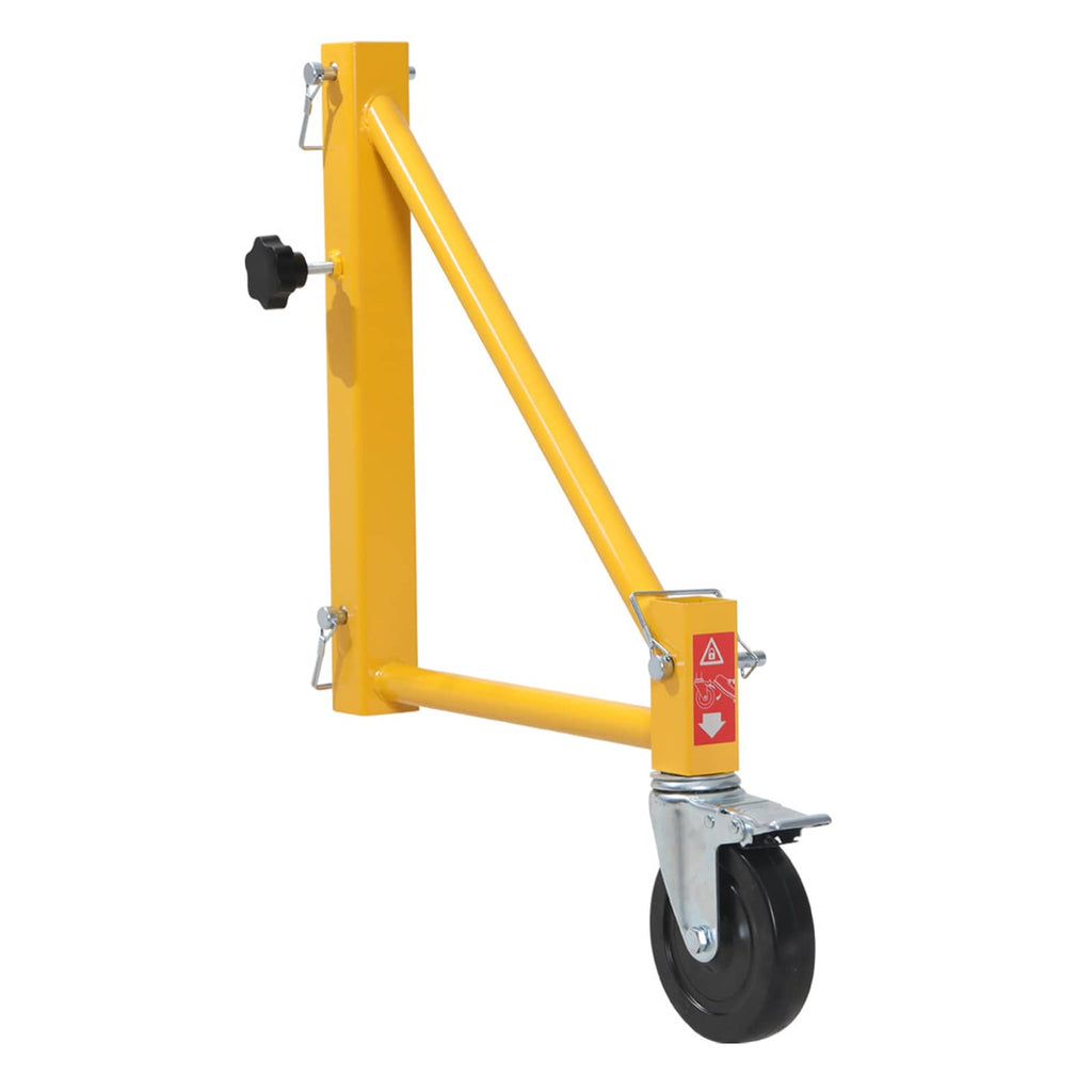Yellow scaffolding outrigger with swivel caster wheel and red warning label