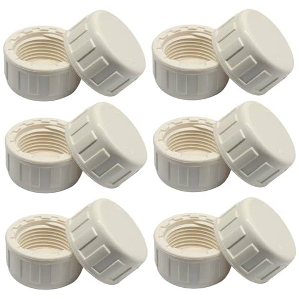 Six-pack of white PVC end pipe cap fittings with female threads, 3/4 in size
