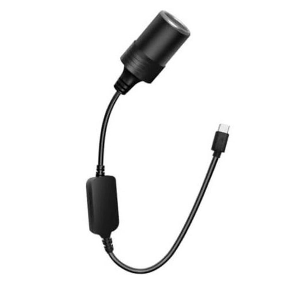 USB-C to 12V cigarette lighter adapter with black cable and USB-C plug