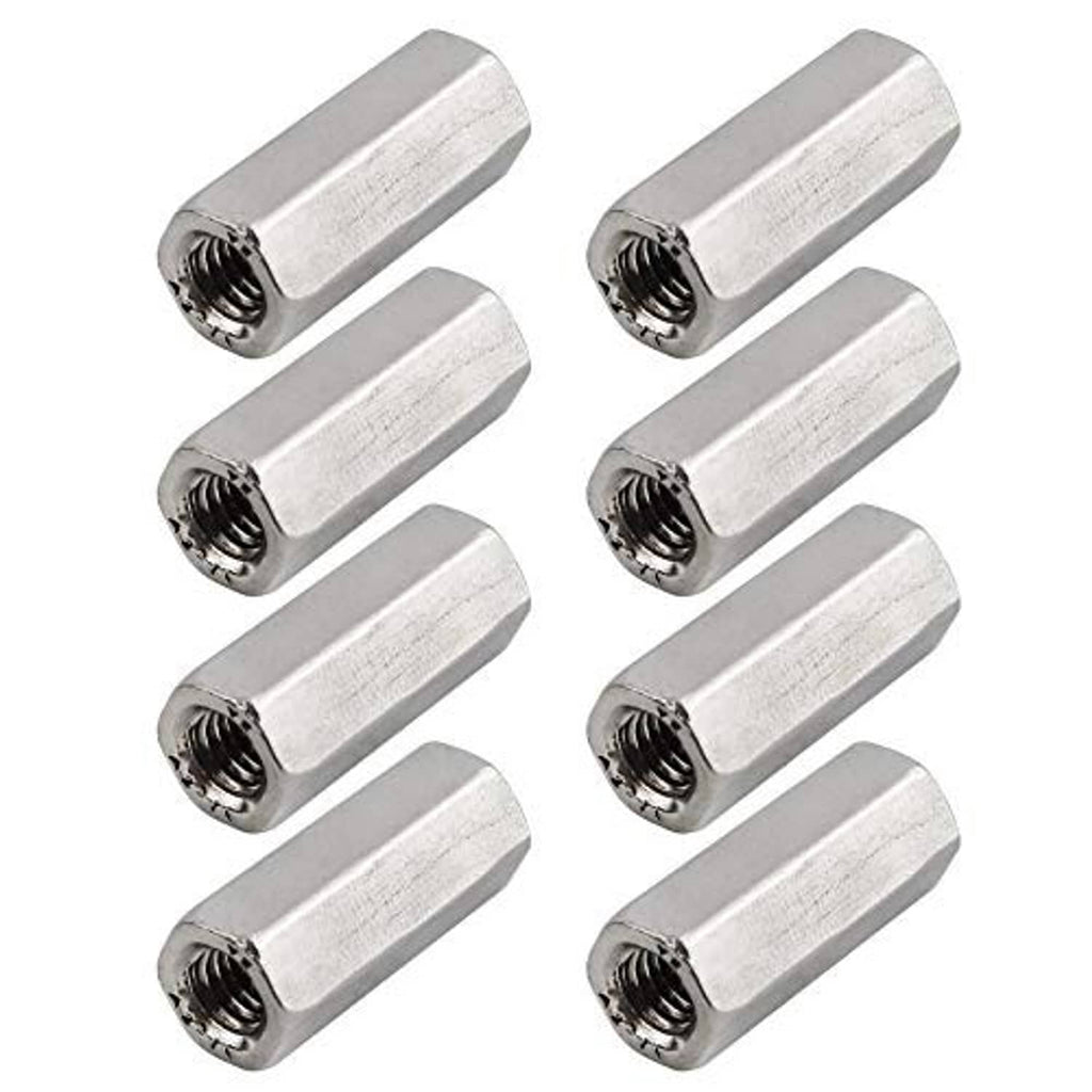 Pack of 8 M6 hex coupling nuts, silver metal, 25mm length, 10mm hex width