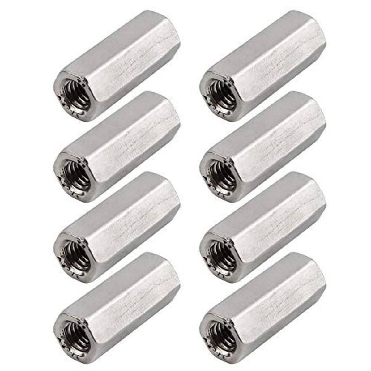 Pack of 8 M6 hex coupling nuts, silver metal, 25mm length, 10mm hex width