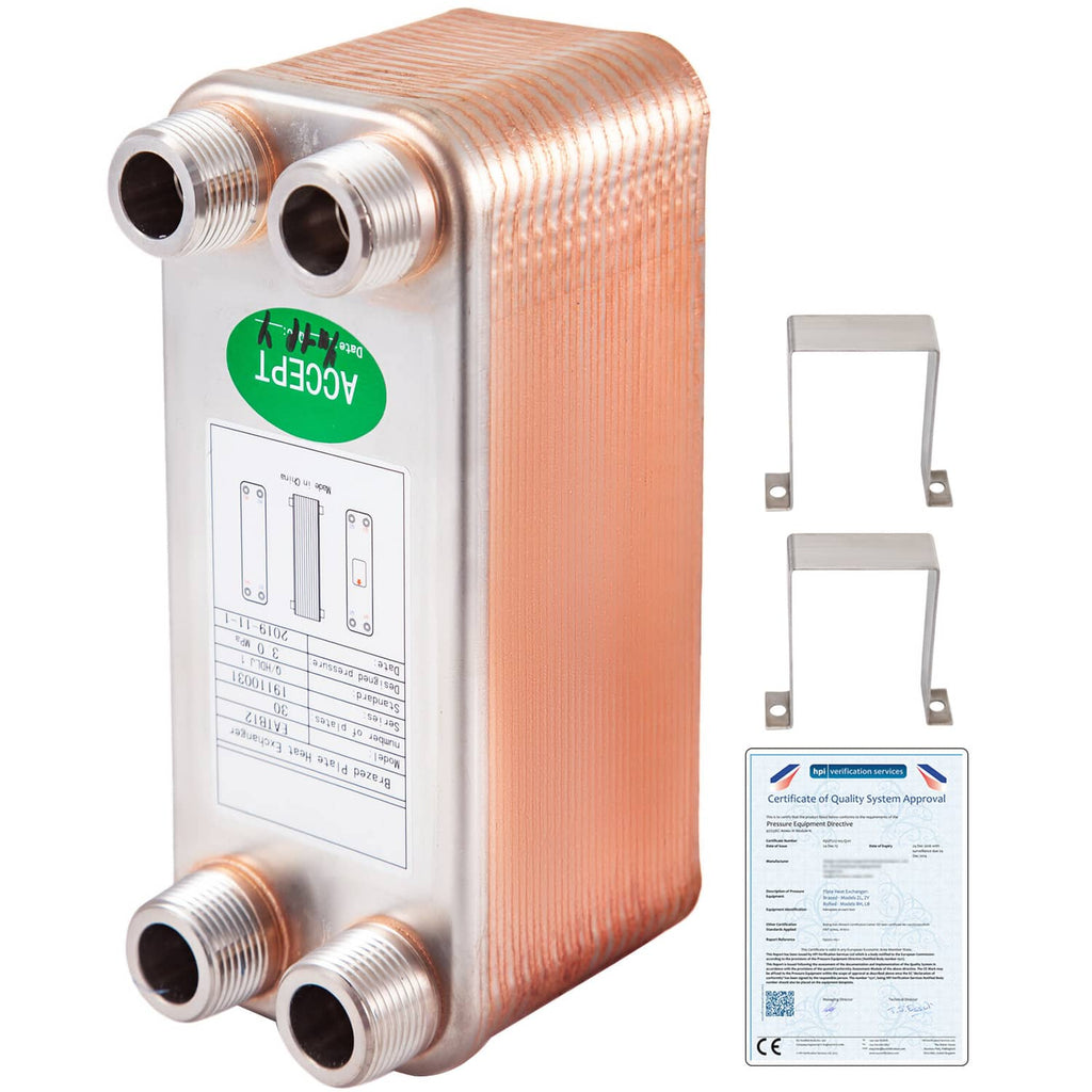 Brazed plate heat exchanger with 3/4" MPT ports, copper-toned stainless steel body