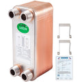 Brazed plate heat exchanger with 3/4" MPT ports, copper-toned stainless steel body