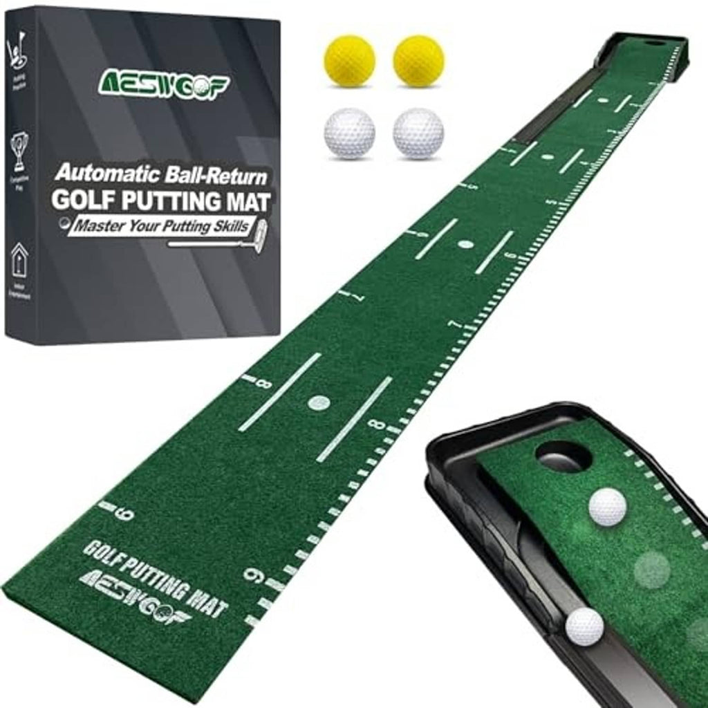 Green golf putting mat with ball-return track, alignment lines, and 4 golf balls