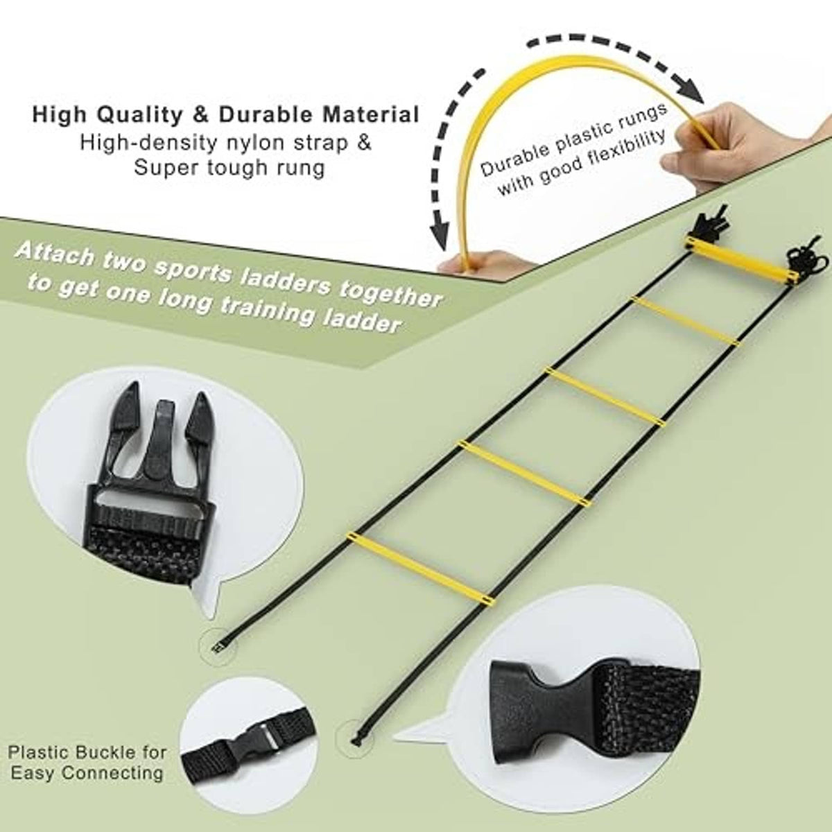 Yellow and black training ladder with plastic buckles and adjustable rung spacing detail