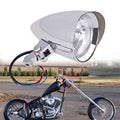 Motorcycle bullet headlight with chrome housing, mounting bracket, and wiring harness