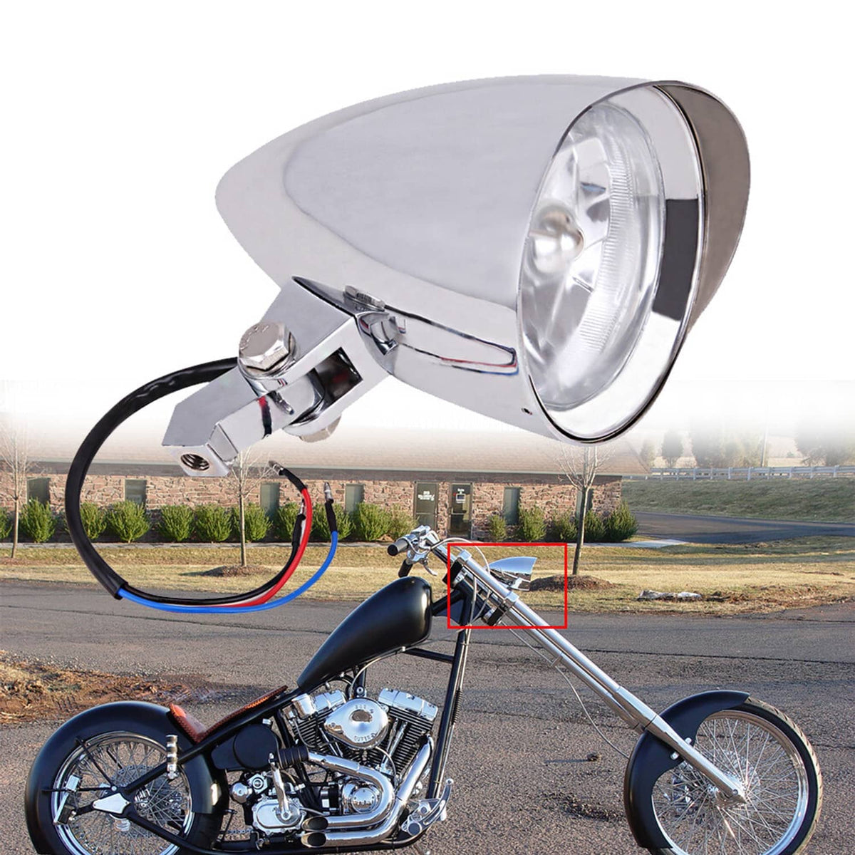 Motorcycle bullet headlight with chrome housing, mounting bracket, and wiring harness