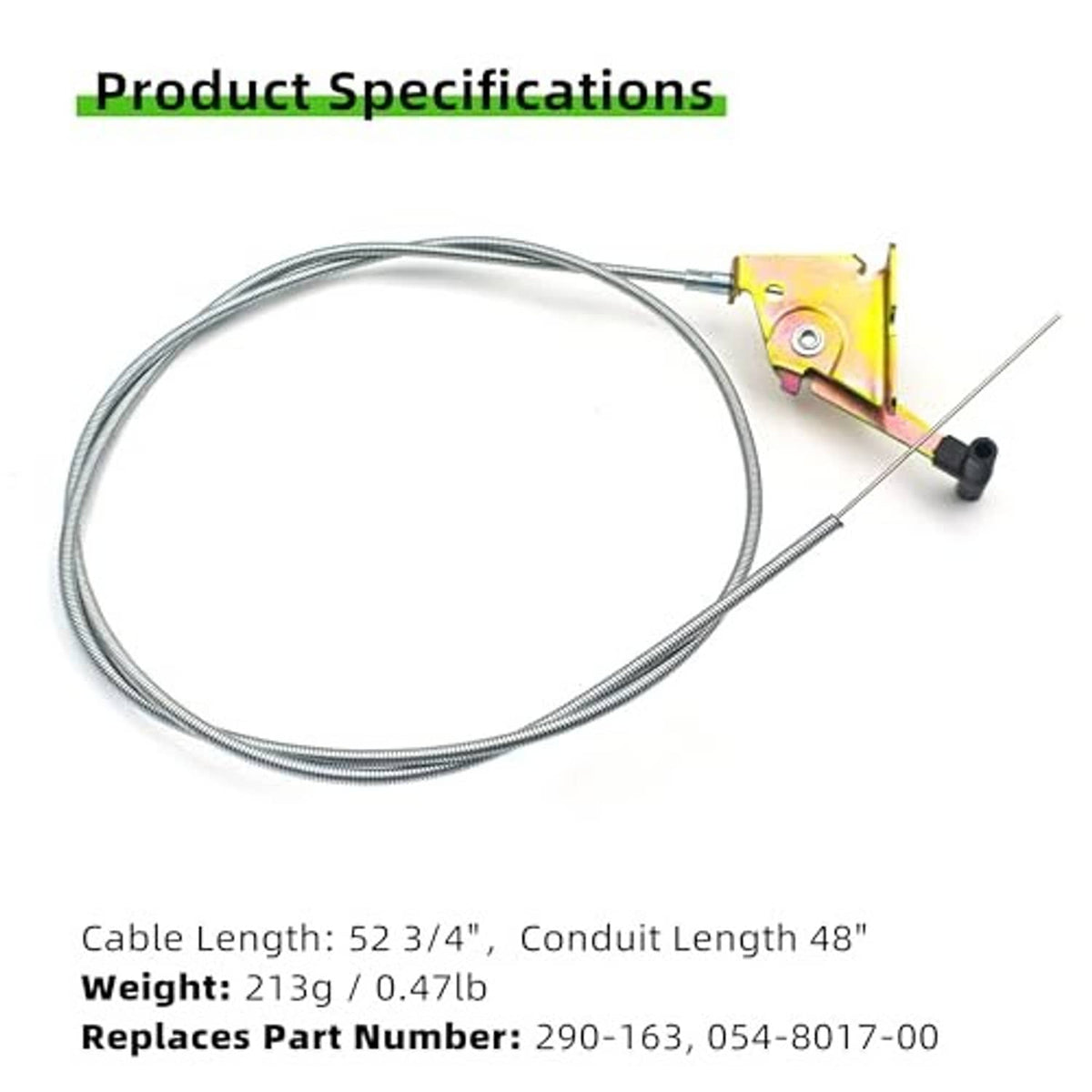 Throttle control cable assembly with long steel wire cable and yellow bracket, black knob