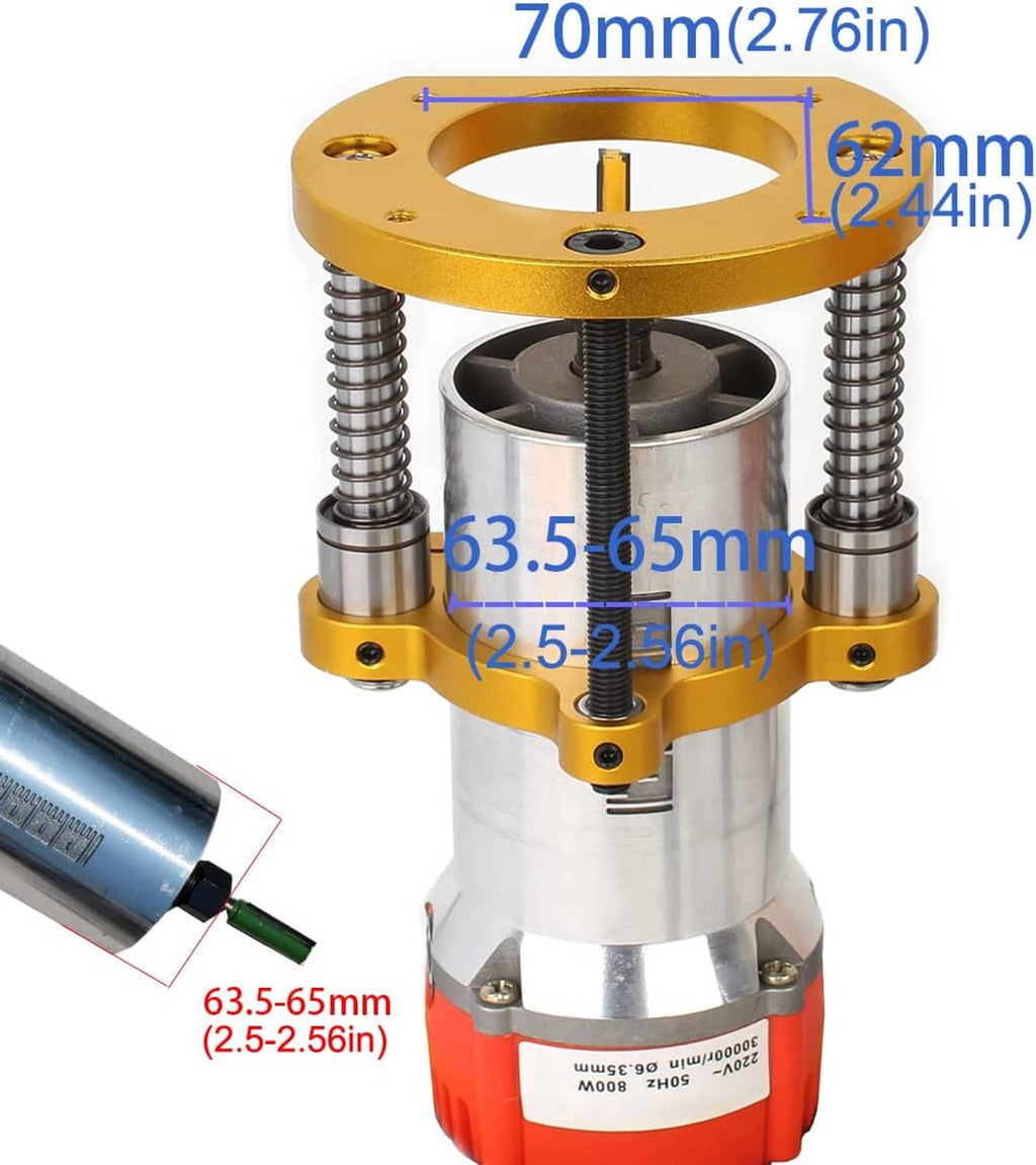 Gold router lift with 65mm opening, steel posts and clamp for router table insert plate.