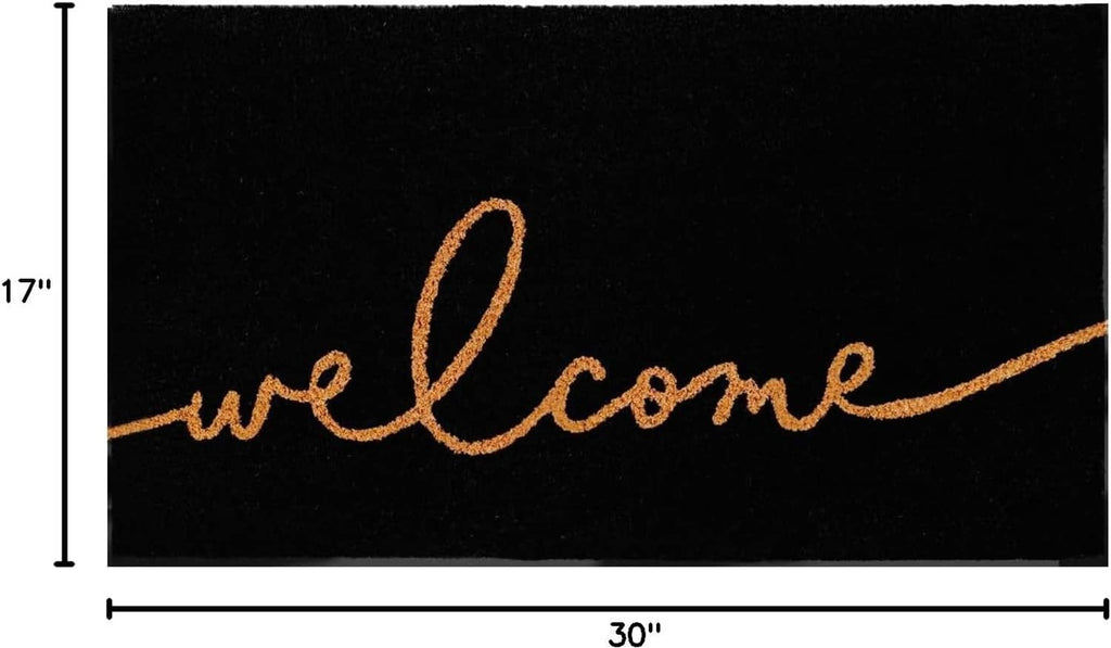 Black coir doormat with orange “welcome” lettering, 30 in x 17 in