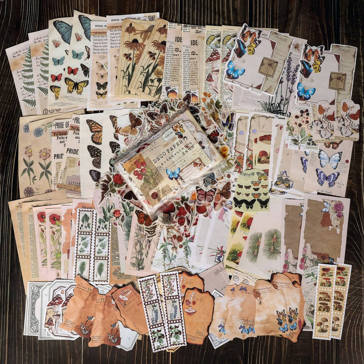 Vintage junk journal paper and sticker set spread, butterflies, flowers, and ornate frames