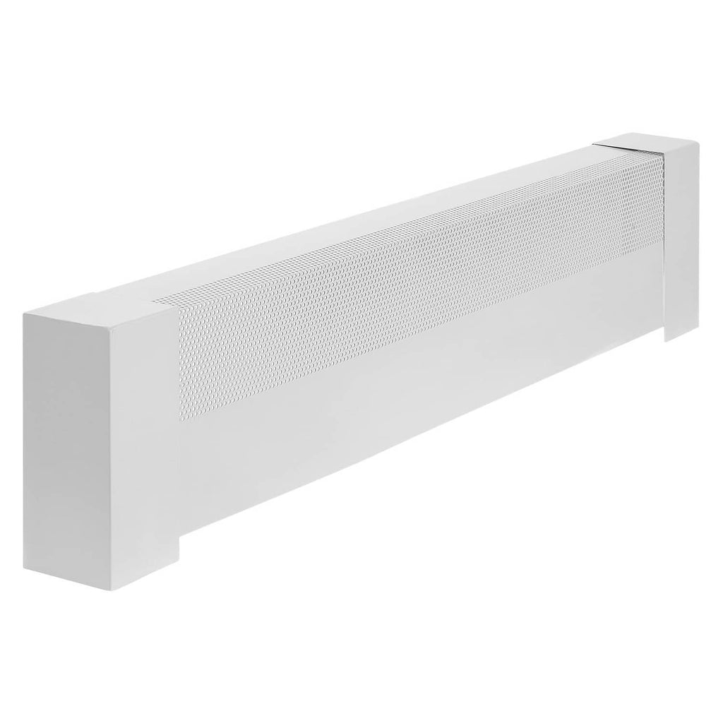 White baseboard heater cover with fine mesh perforated grille front panel