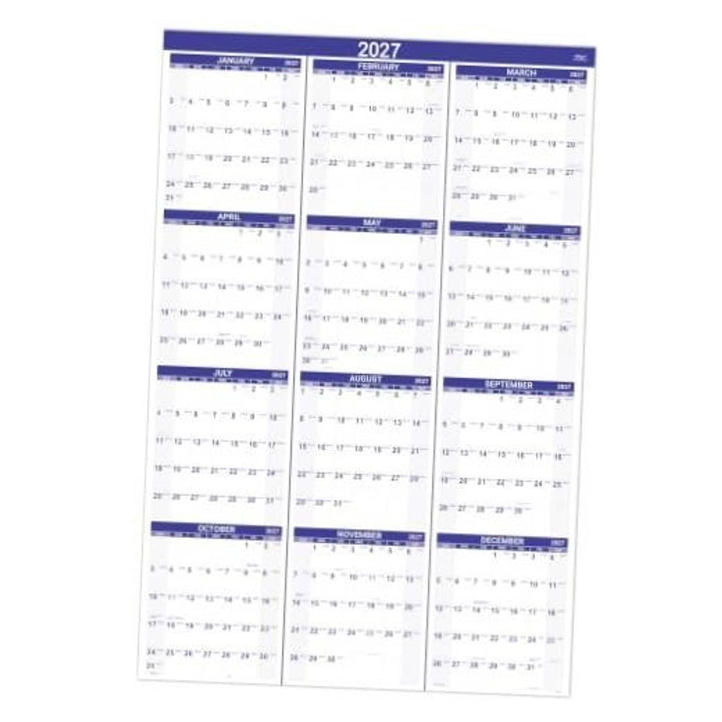 2027 purple wall calendar with 12 monthly date grids for January–December