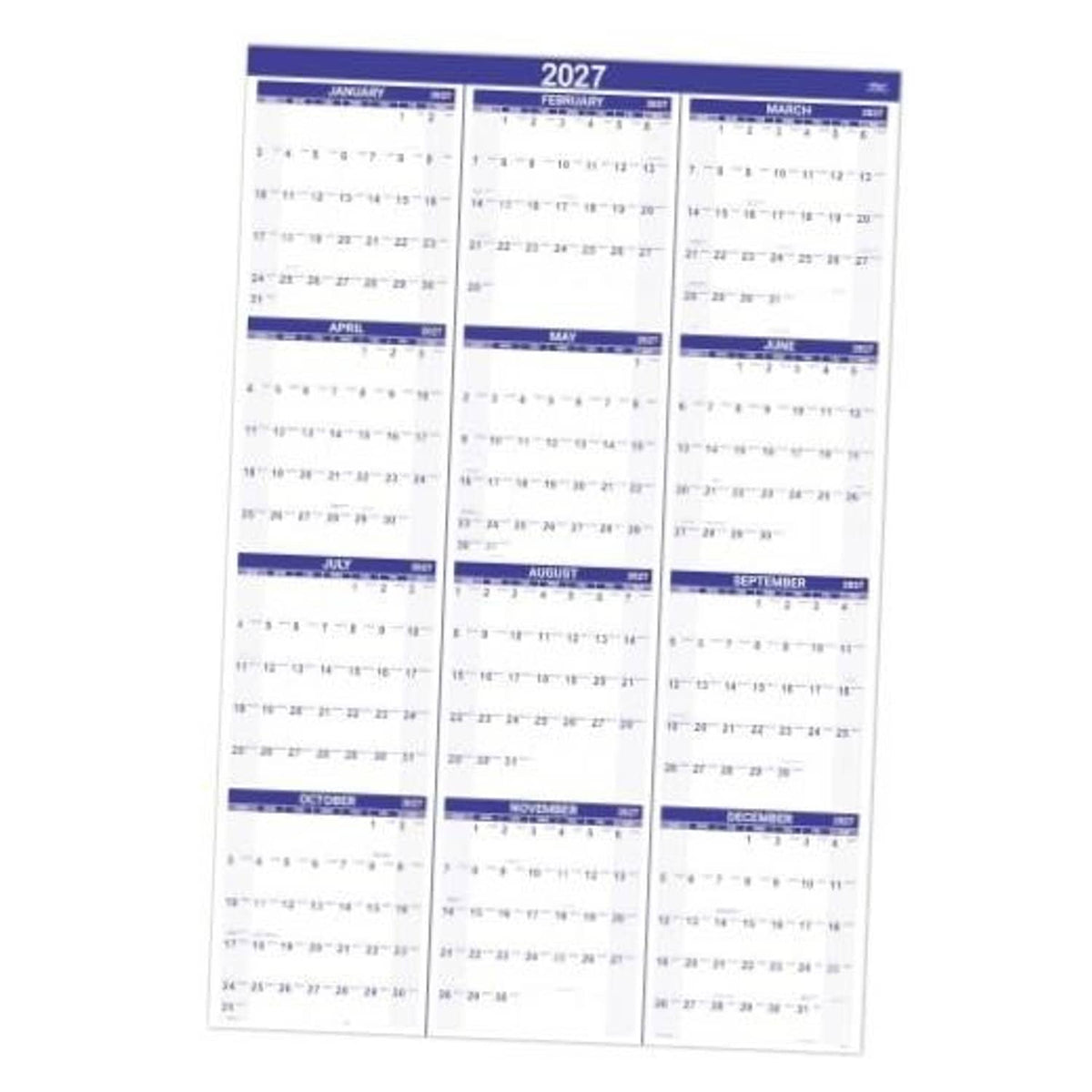2027 purple wall calendar with 12 monthly date grids for January–December