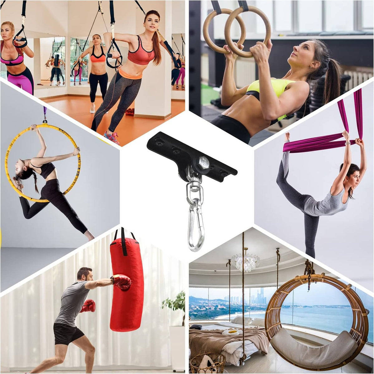 Matte black punching bag hanger with chain hook for ceiling mounting