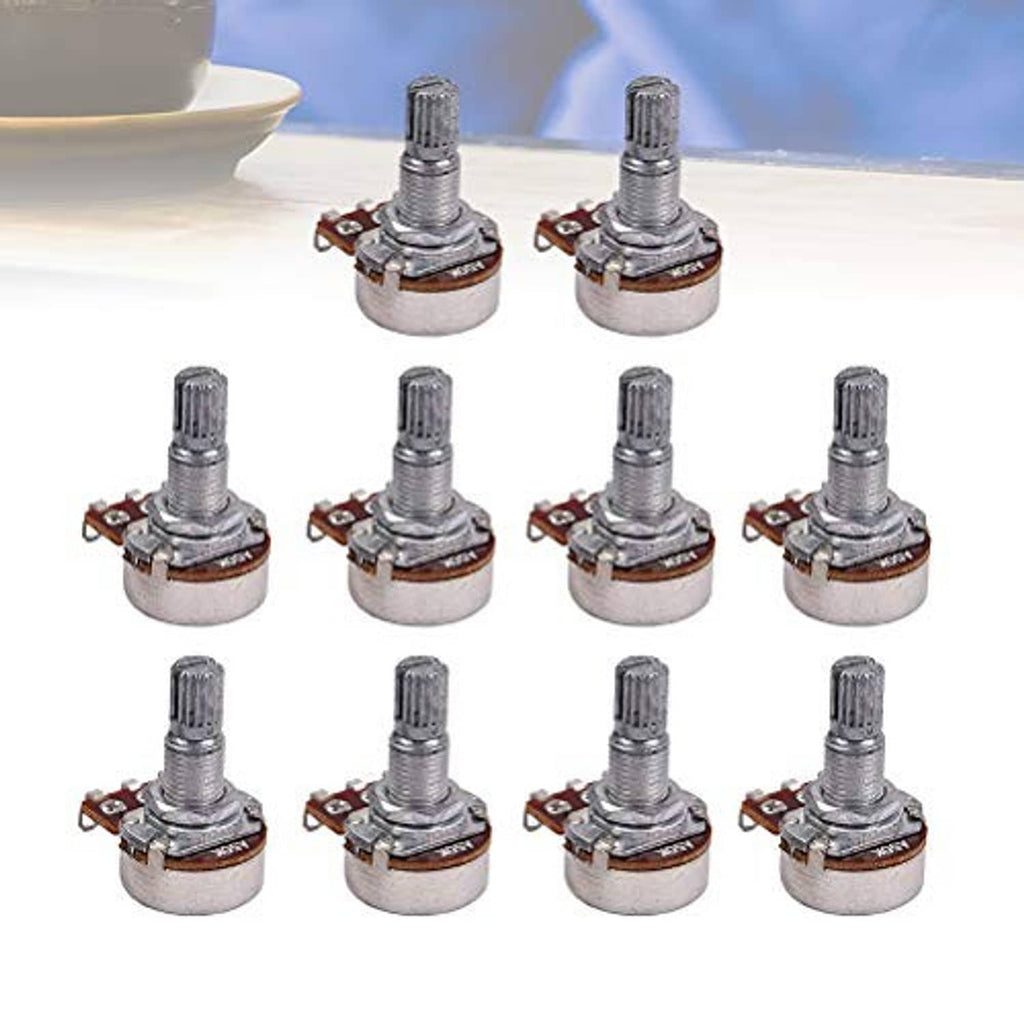 10-pack potentiometers with knurled split shafts and round metal cases, group photo