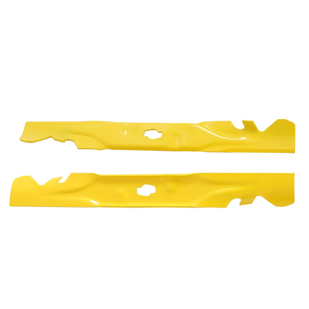 Pair of yellow mulching blades with cutouts and mounting holes