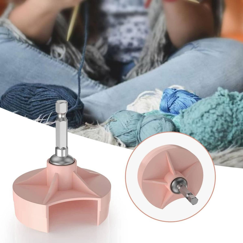 Pink knitting machine adapter with screwdriver bit on spinning base, yarn in background