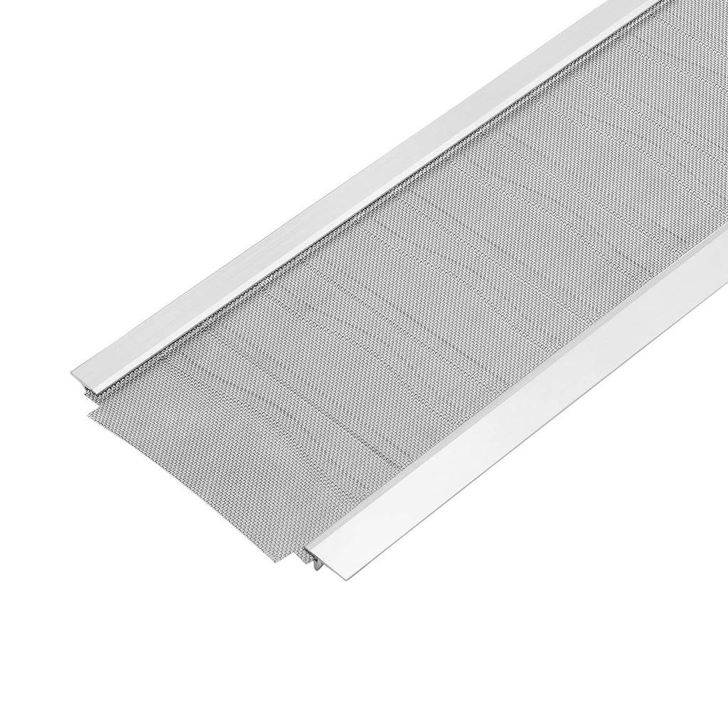 Gray mesh gutter cover panel with perforated screen and curved side lips