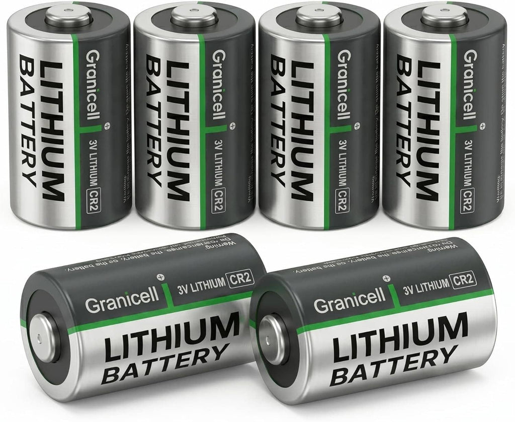 CR2 lithium batteries set, front two laid with silver ends and green stripe Granicell branding