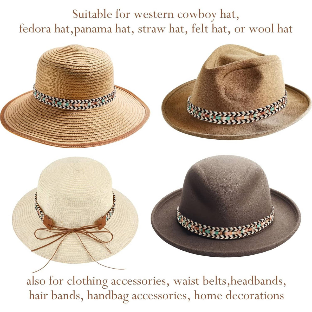 Braided hat band with patterned trim in black, white, teal and beige tones