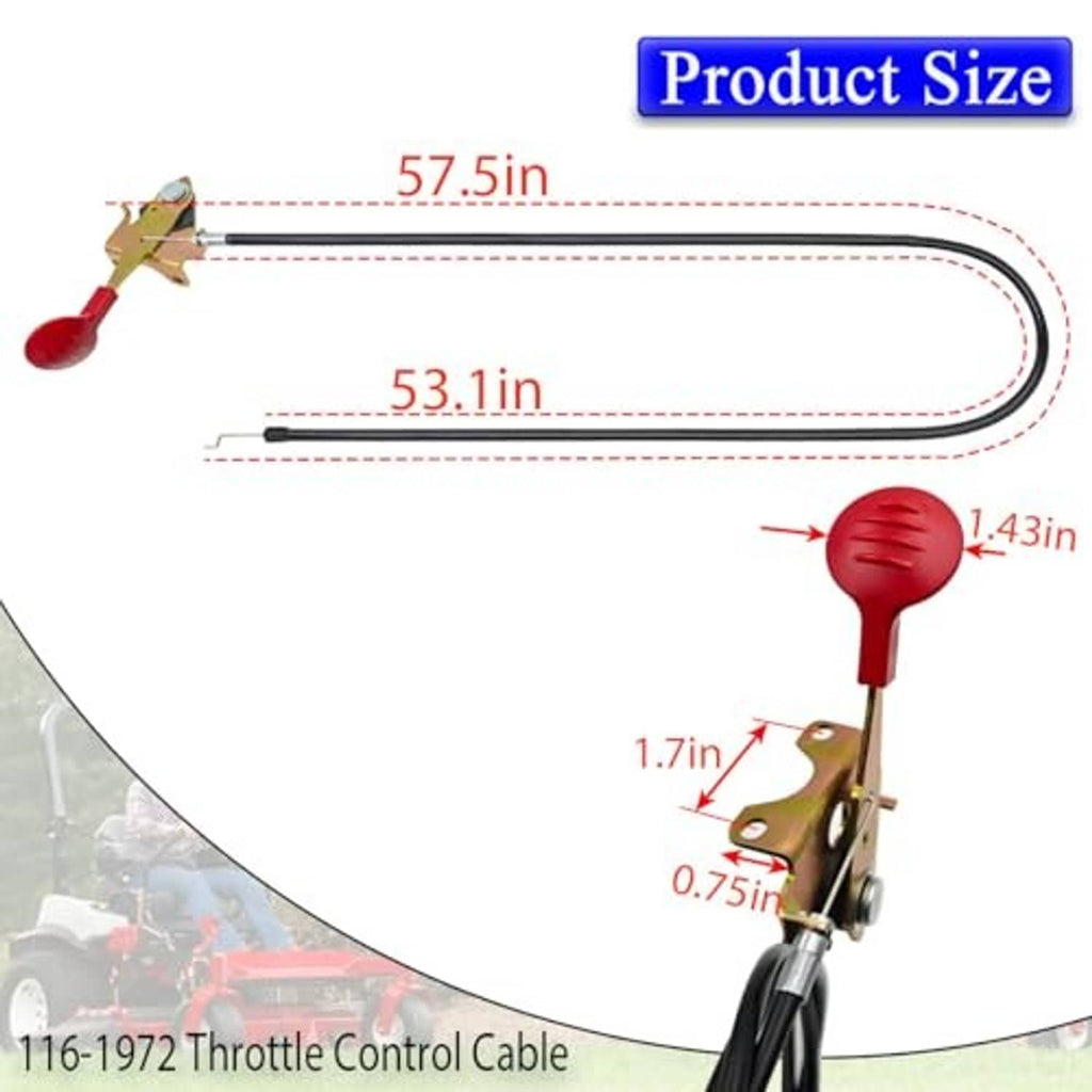 Throttle control cable with red pull knob, gold bracket, and black cable length diagram