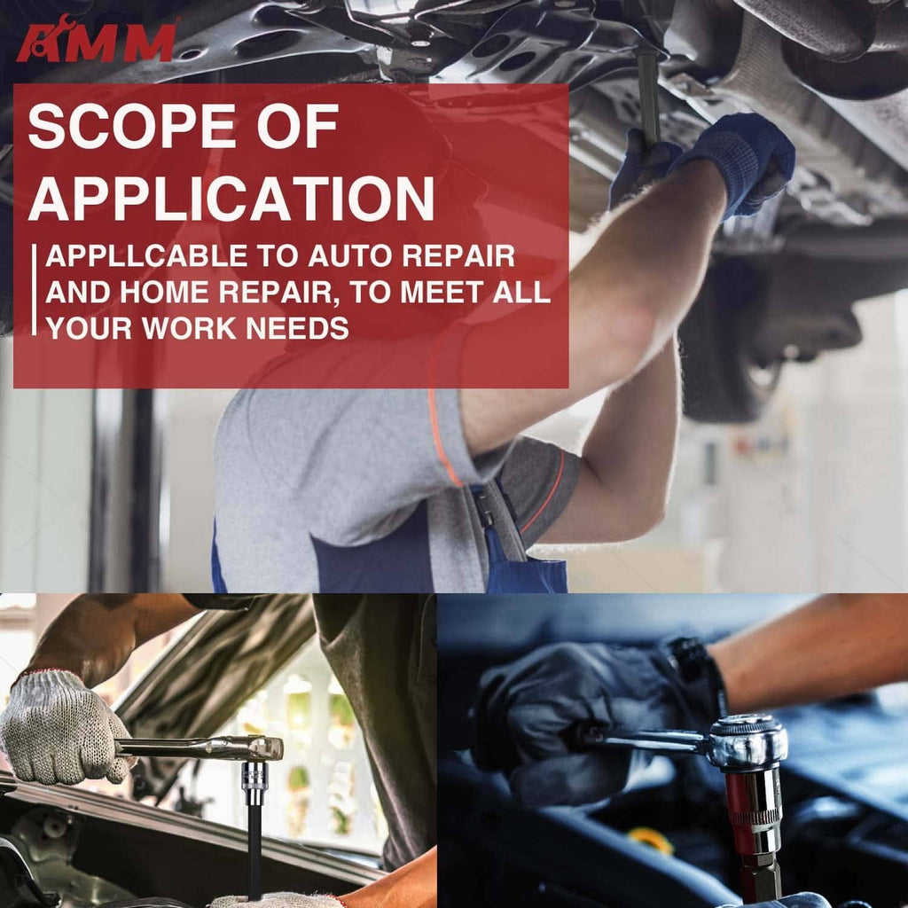 Mechanic hand using chrome Allen socket tool and extension during vehicle repair.