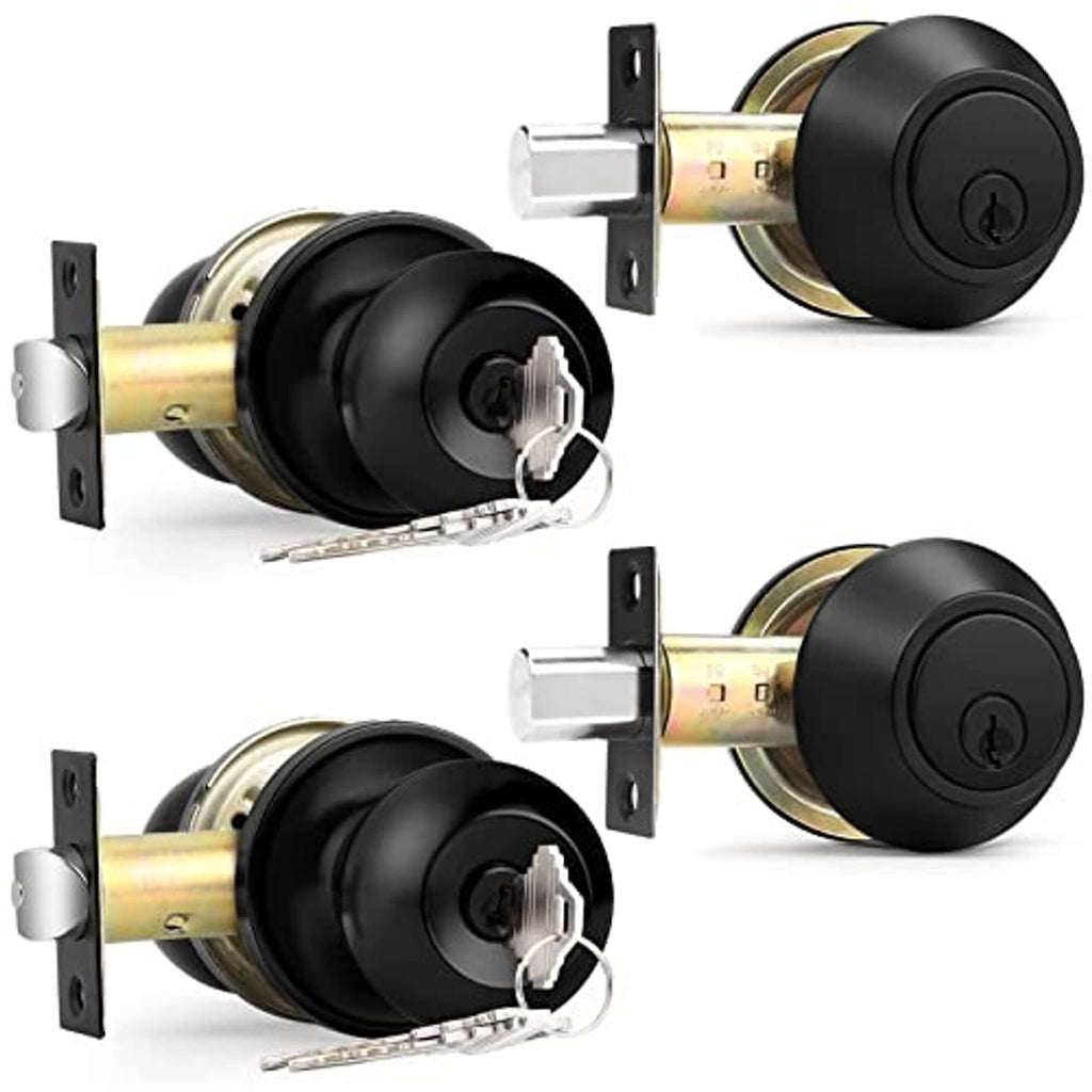 Black keyed deadbolt and knob lockset with gold latch hardware, two-pack