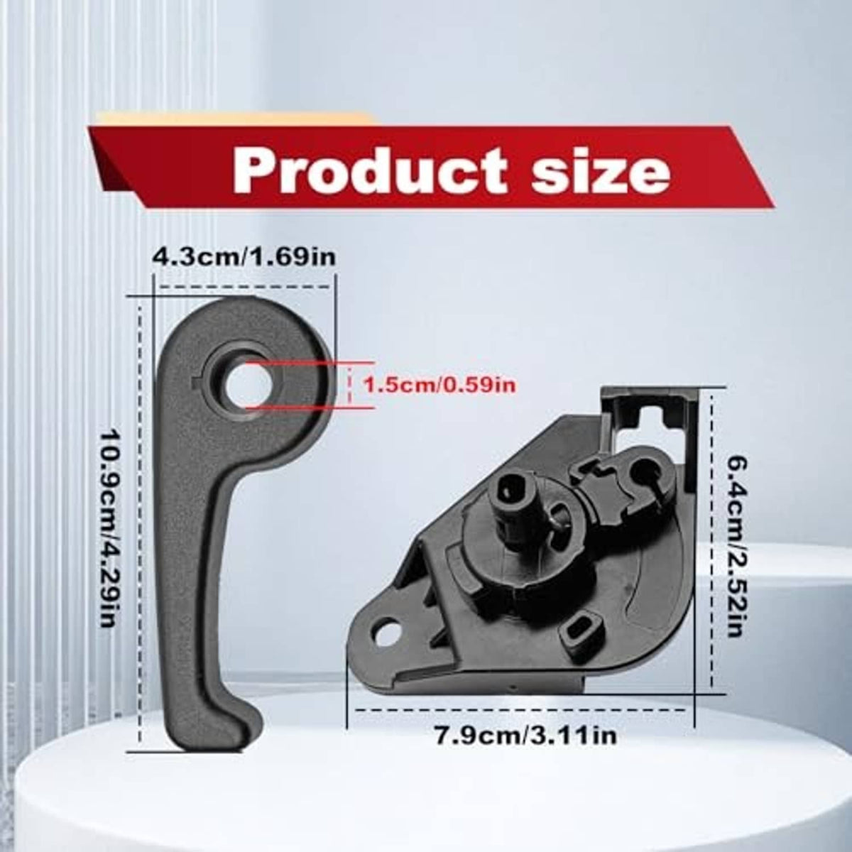 Hood release handle and latch bracket shown with measurement diagram, dark gray parts