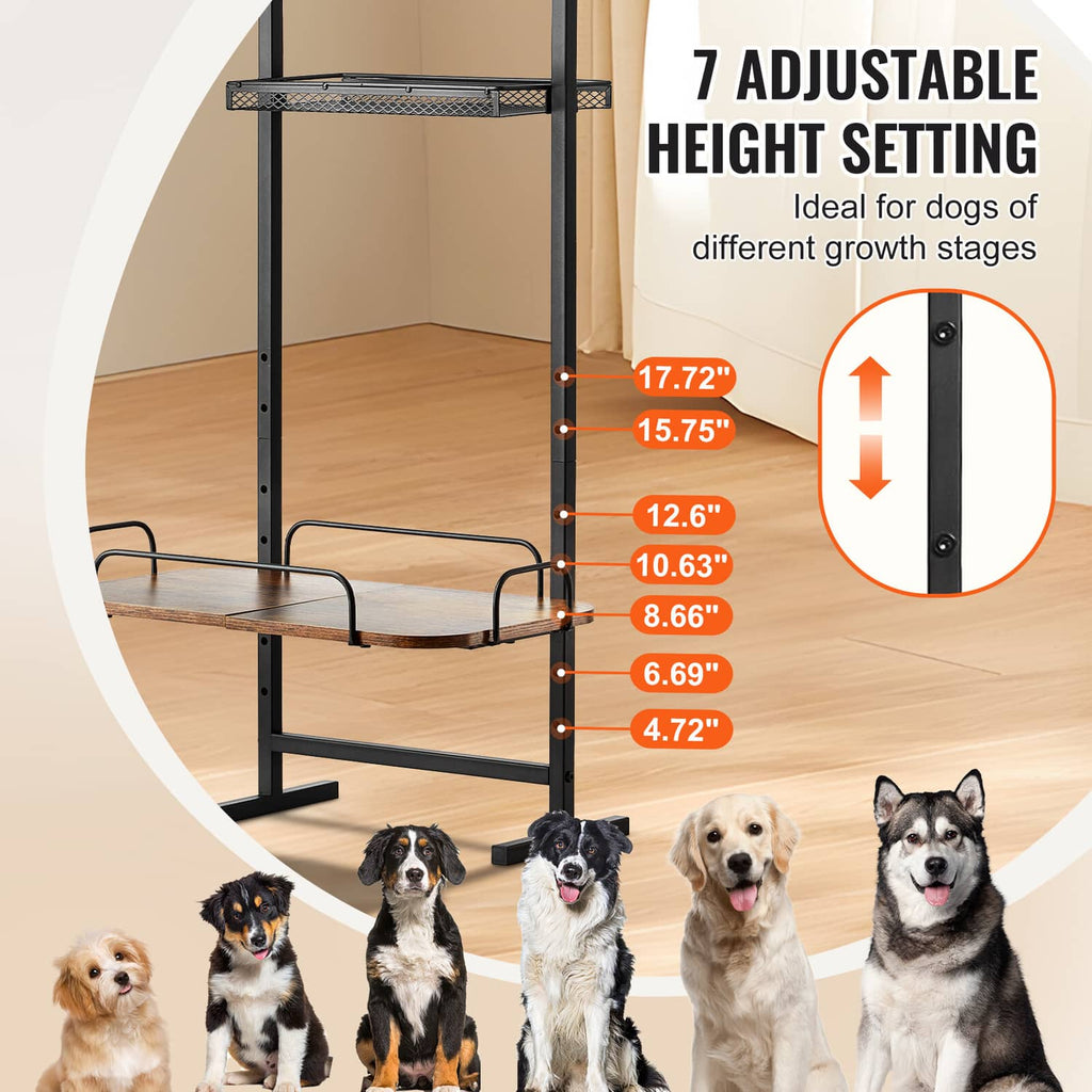 Height-adjustable raised dog feeding stand with multiple peg holes for bowl height