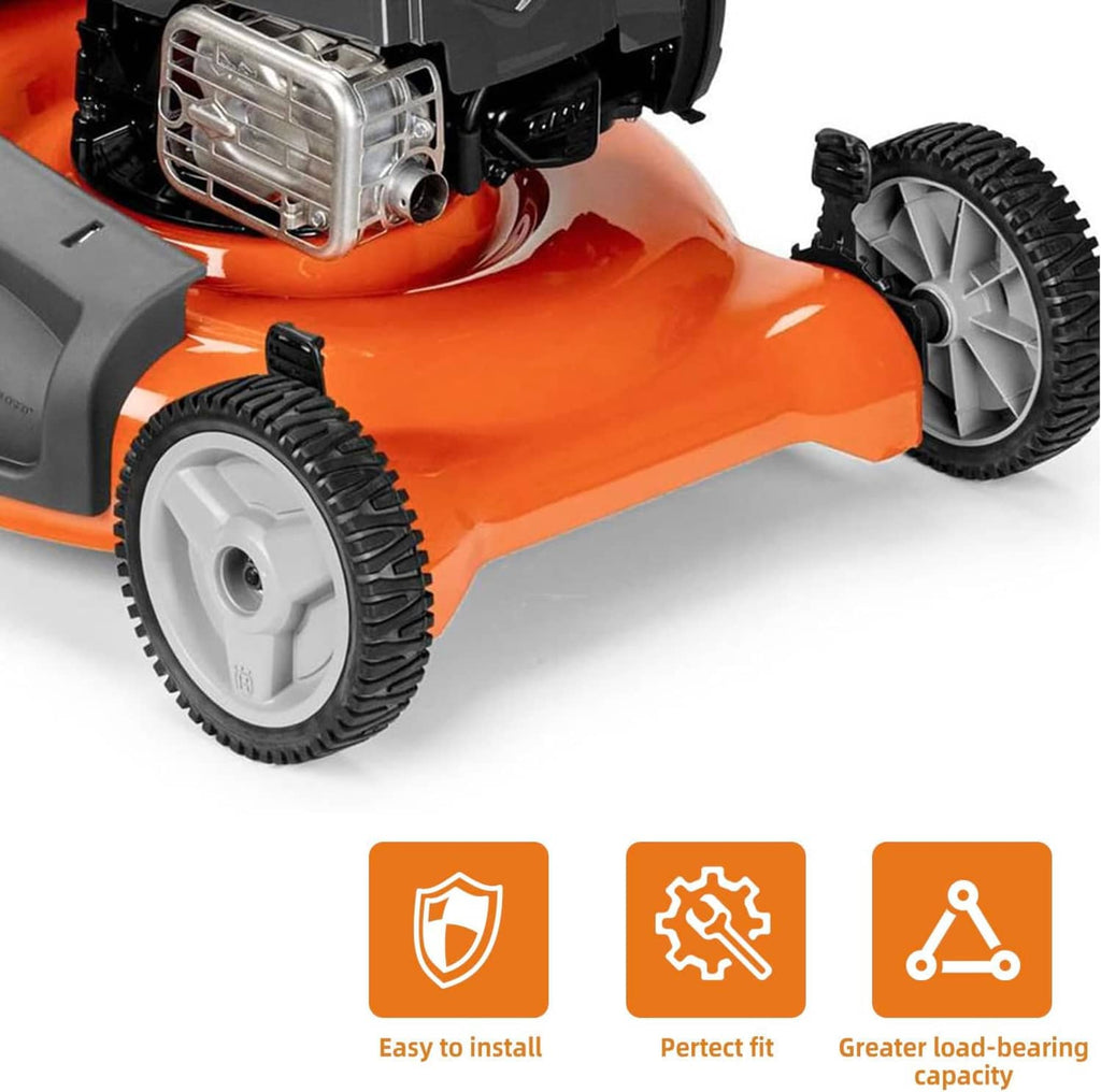 Orange walk-behind mower with installed wheels, grey rims and black knobby tires