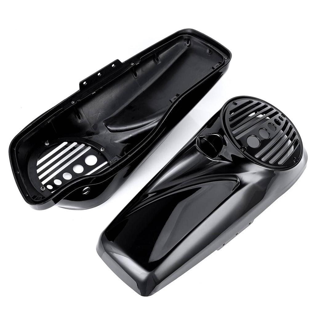 Pair black saddlebag speaker lids with mounting holes, grille, tweeter port