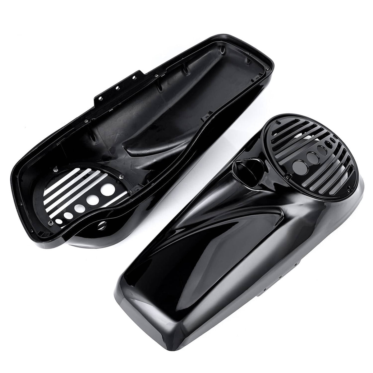 Pair black saddlebag speaker lids with mounting holes, grille, tweeter port