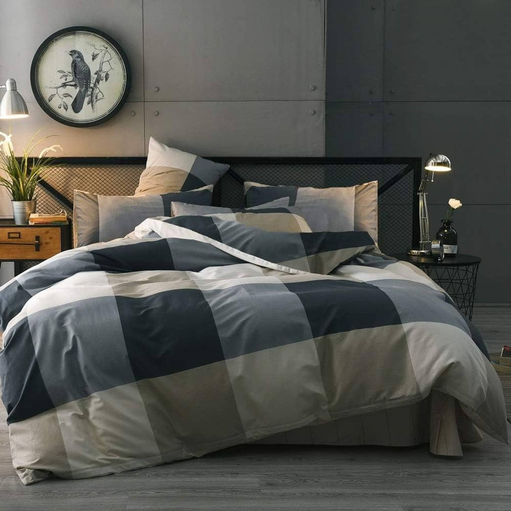 Comforter set with navy and white checkered pattern and coordinated pillow shams
