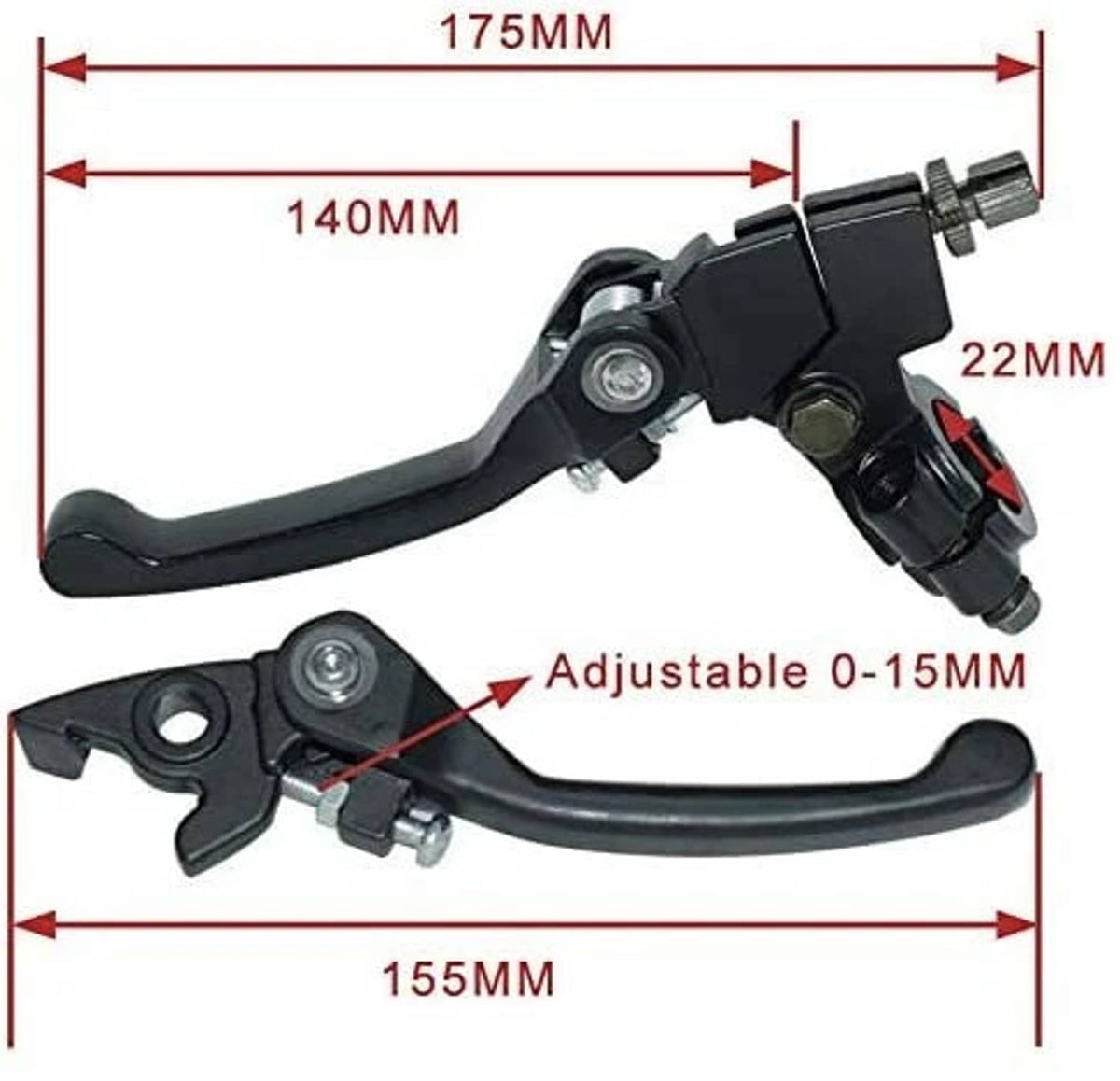 Black brake and clutch levers with adjustable 0–15 mm reach and 22 mm clamp