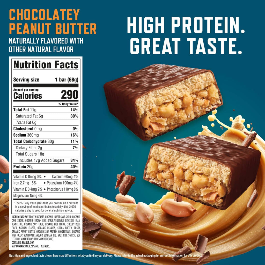 CLIF BUILDERS chocolatey peanut butter protein bar with nutrition facts panel
