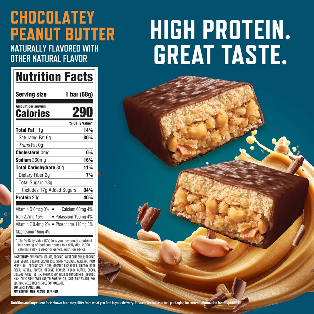 CLIF BUILDERS chocolatey peanut butter protein bar with nutrition facts panel