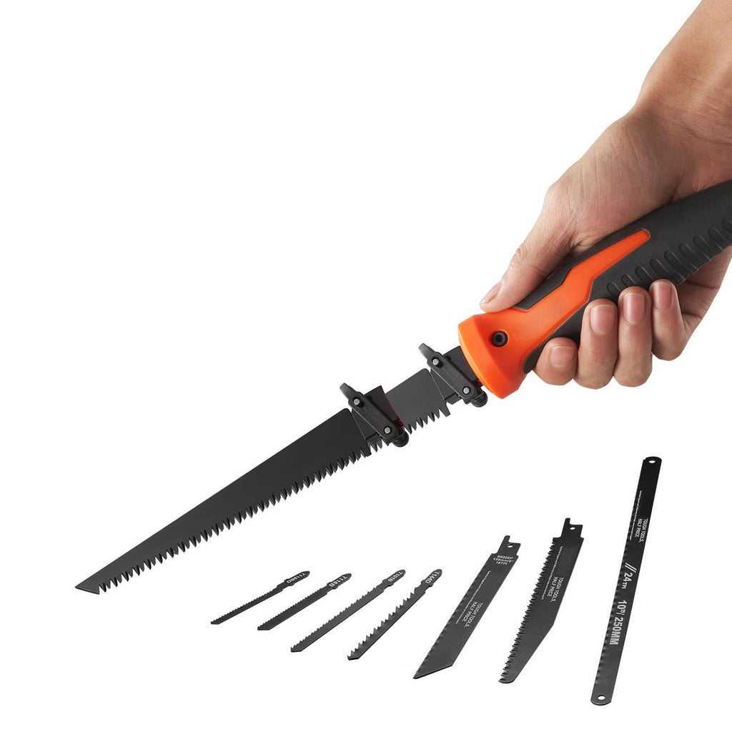 Keyhole saw kit with orange and black soft-grip handle and multiple exchange blades