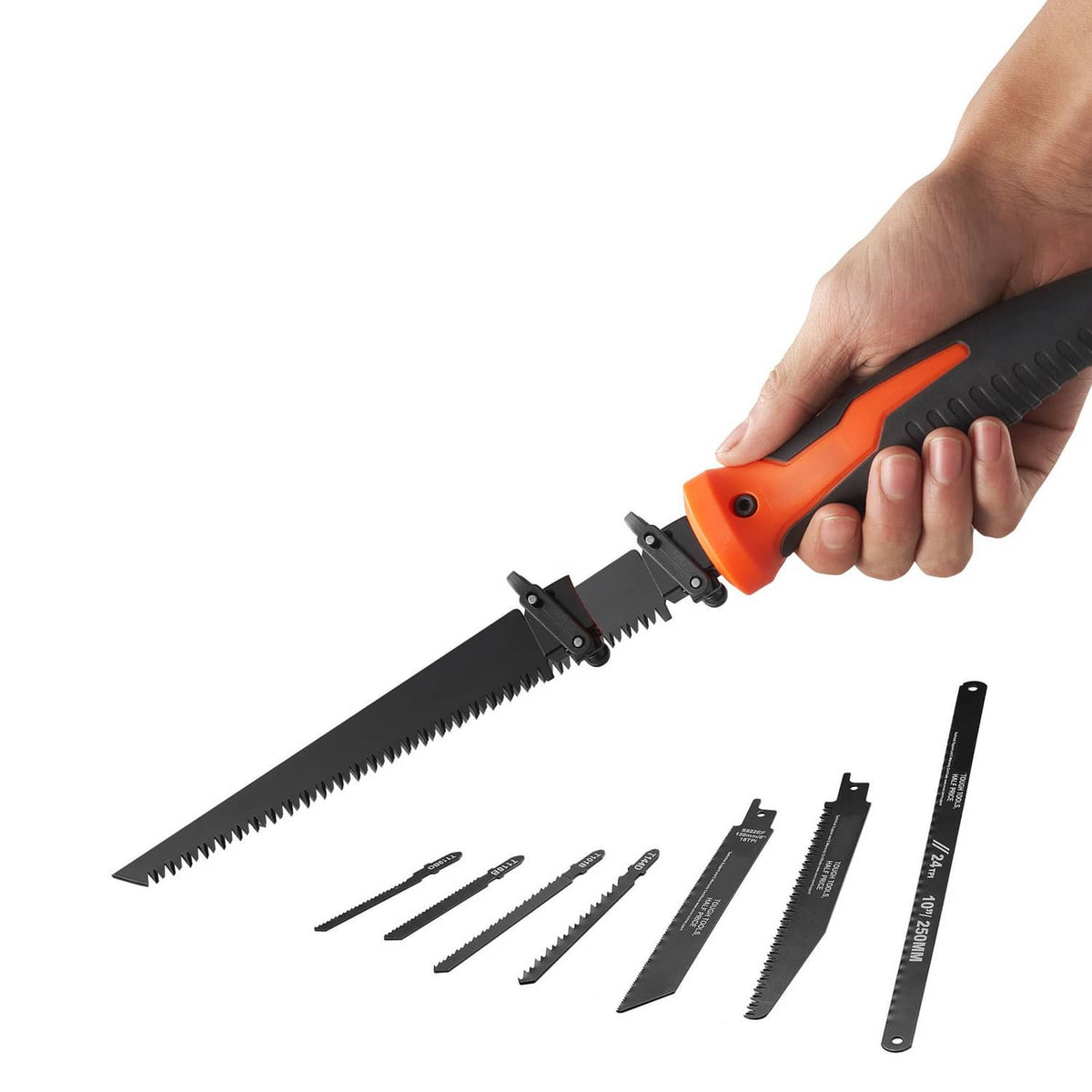 Keyhole saw kit with orange and black soft-grip handle and multiple exchange blades