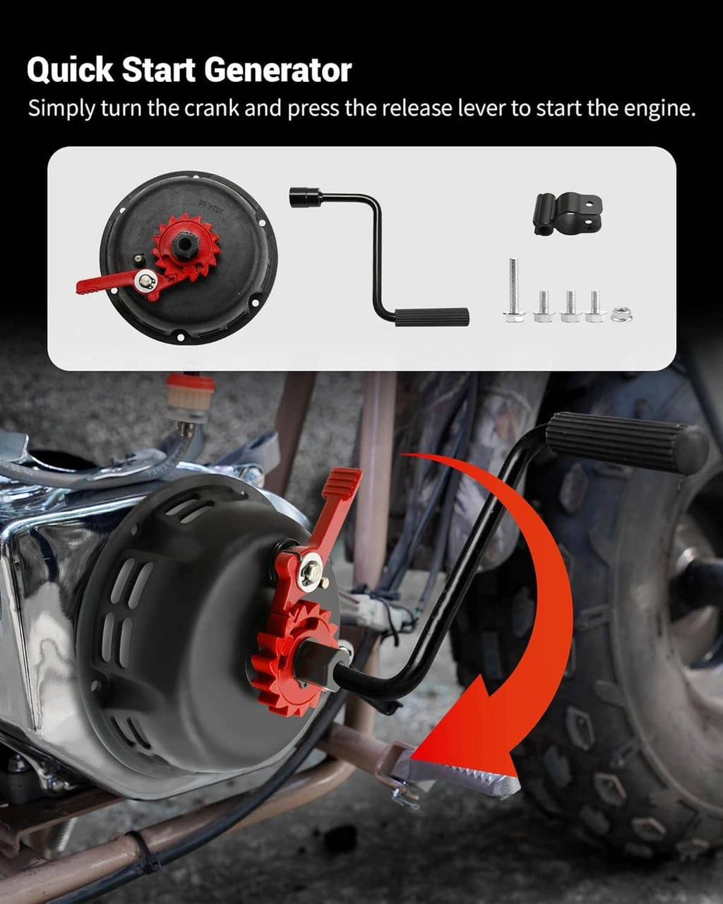 Recoil starter quick-start crank with red starter hub, black housing and mounting bolts