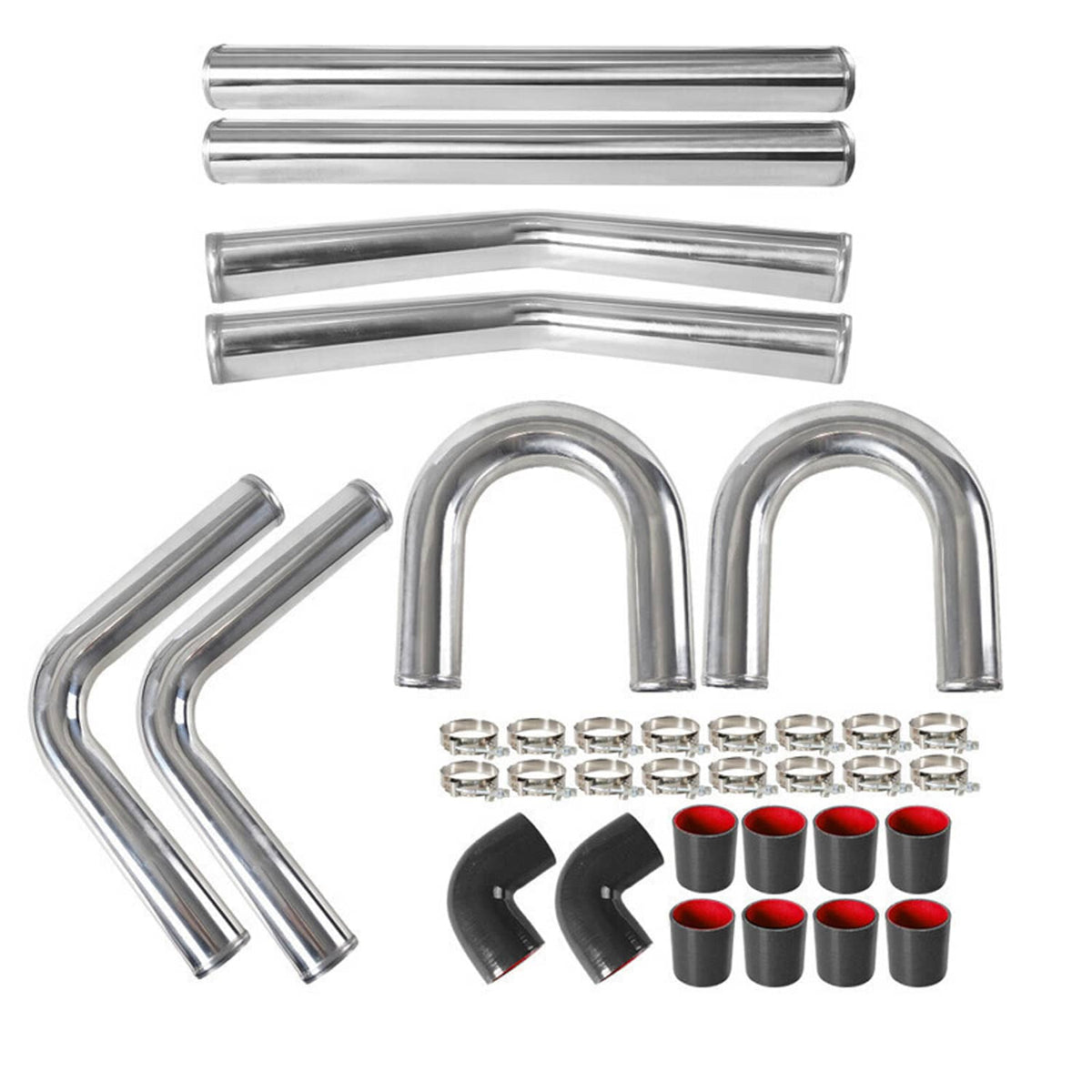 Aluminum intercooler pipe set with U-bends, black silicone elbows, red-ring couplers, and clamps