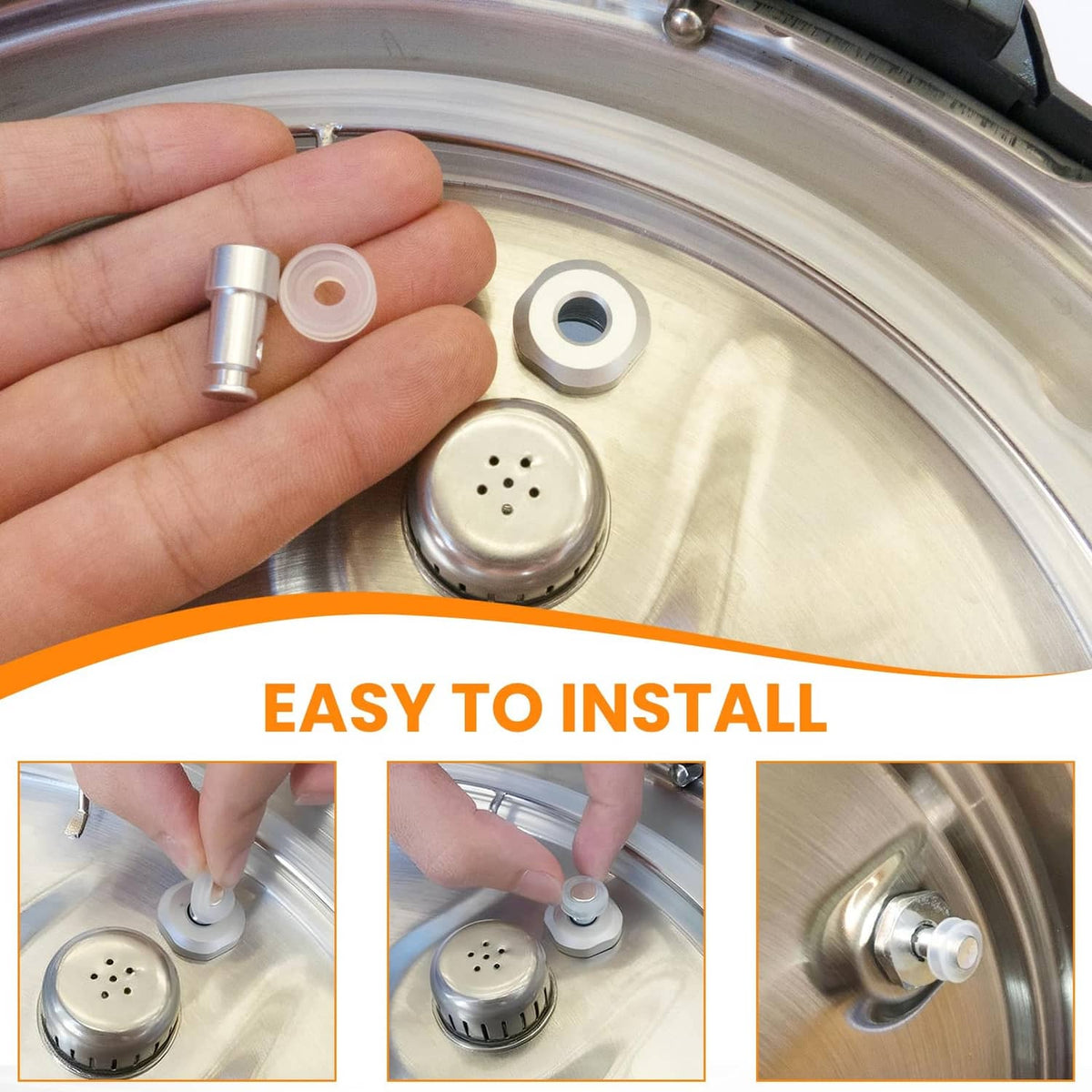 Stainless steel float valve and silicone gasket held in a hand