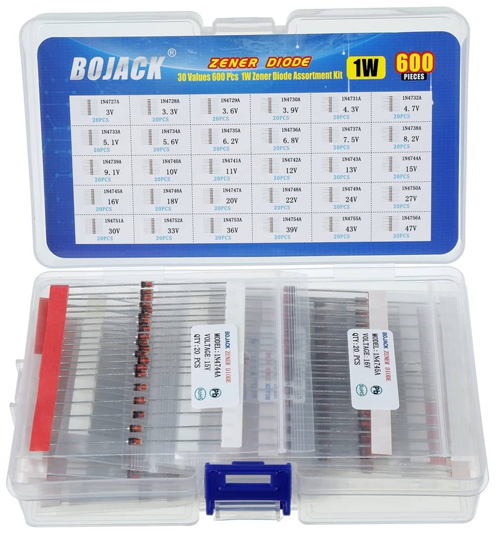 Zener diode assortment kit, clear case with labeled 600-piece 1W diode rows