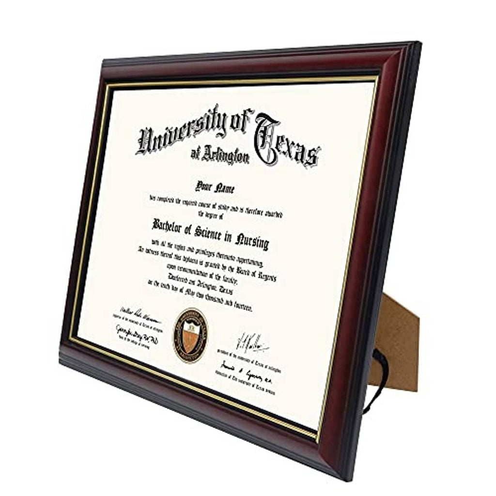 Angled cherry wood certificate diploma frame with gold trim and framed certificate