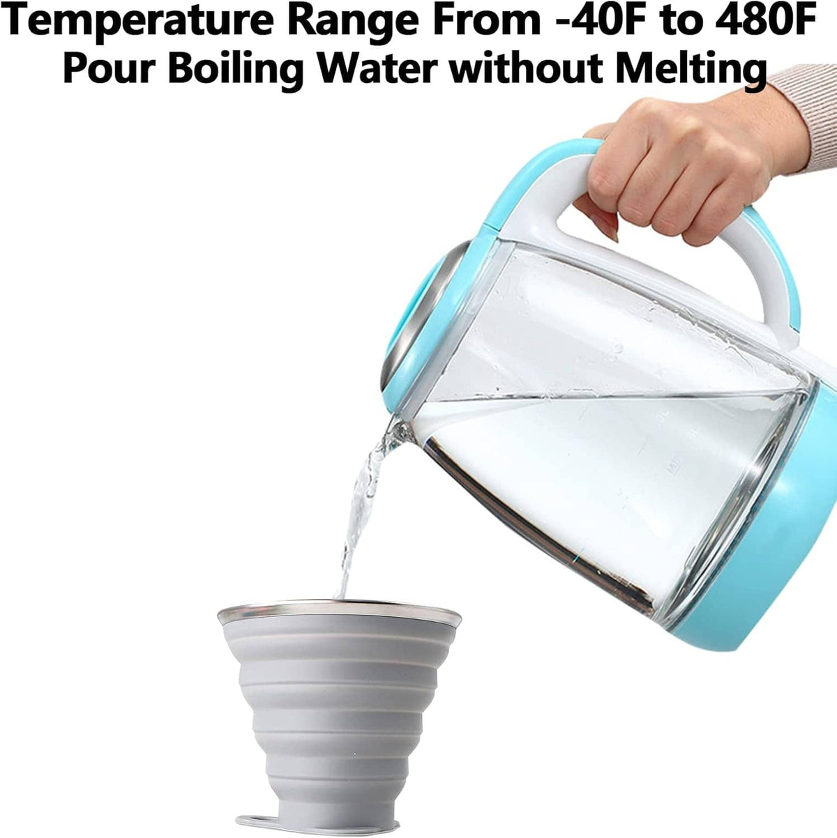 Collapsible travel cup pouring water, gray silicone cup with teal handle cup