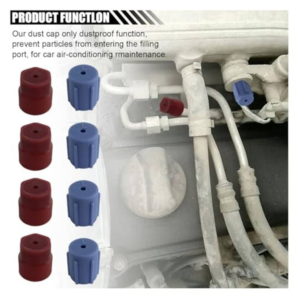 Air conditioning service caps in red and blue shown near AC system fittings